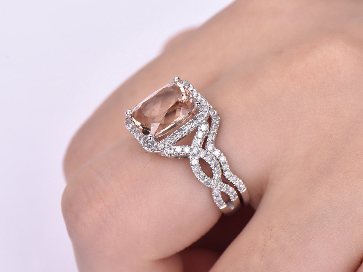 Cushion Morganite Crossover Bridal Set Contour Diamond Band - Lord of Gem Rings