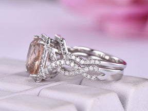 Cushion Morganite Crossover Bridal Set Contour Diamond Band - Lord of Gem Rings