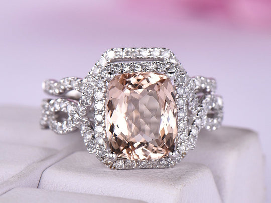 3.2ct Cushion Morganite Crossover Bridal Set Contour Band