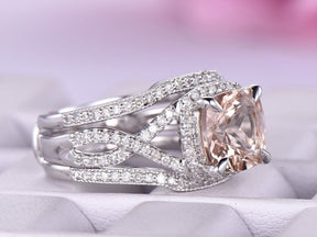 Cushion Morganite Crossover Bridal Set Contour Diamond Wrap Ring - Lord of Gem Rings