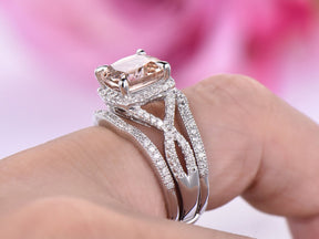 Cushion Morganite Crossover Bridal Set Contour Diamond Wrap Ring - Lord of Gem Rings