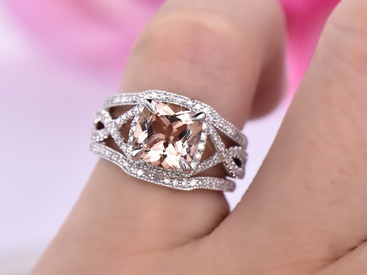 Cushion Morganite Crossover Bridal Set Contour Diamond Wrap Ring - Lord of Gem Rings