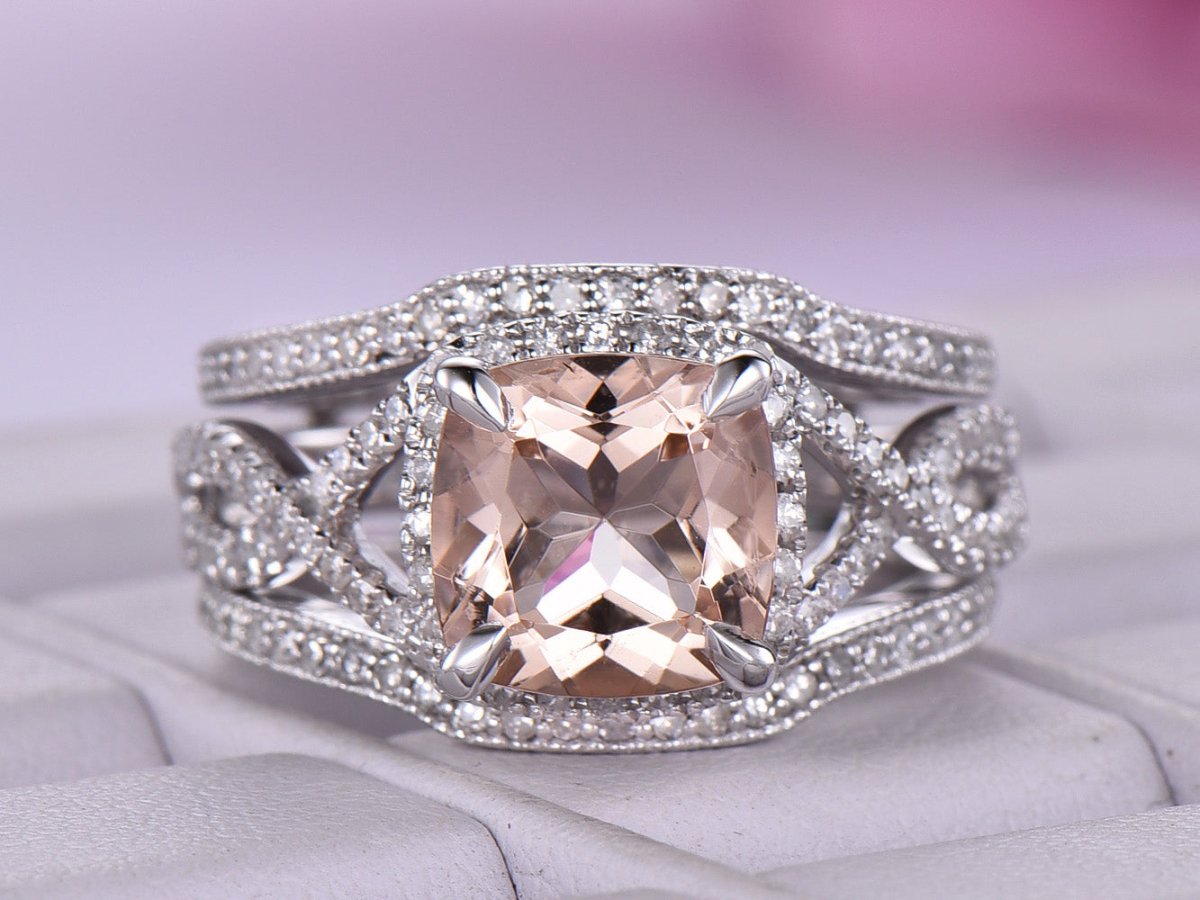 Cushion Morganite Crossover Bridal Set Contour Diamond Wrap Ring - Lord of Gem Rings