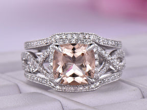 Cushion Morganite Crossover Bridal Set Contour Diamond Wrap Ring - Lord of Gem Rings