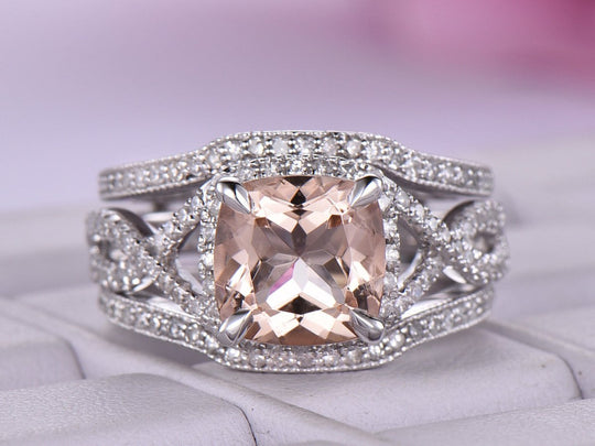 2.3ct Cushion Morganite Crossover Bridal Set Contour Wrap Ring