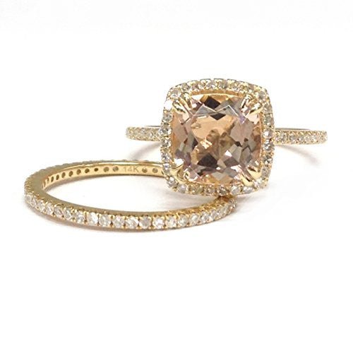 Cushion Morganite Diamond Accents Bridal Set 14K Yellow Gold