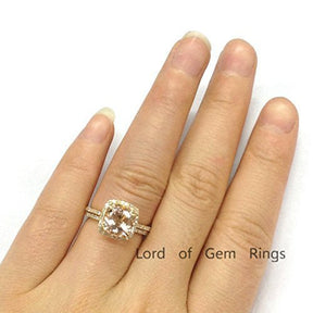 Cushion Morganite Diamond Accents Bridal Set 14K Yellow Gold - Lord of Gem Rings