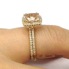 Cushion Morganite Diamond Accents Bridal Set 14K Yellow Gold - Lord of Gem Rings