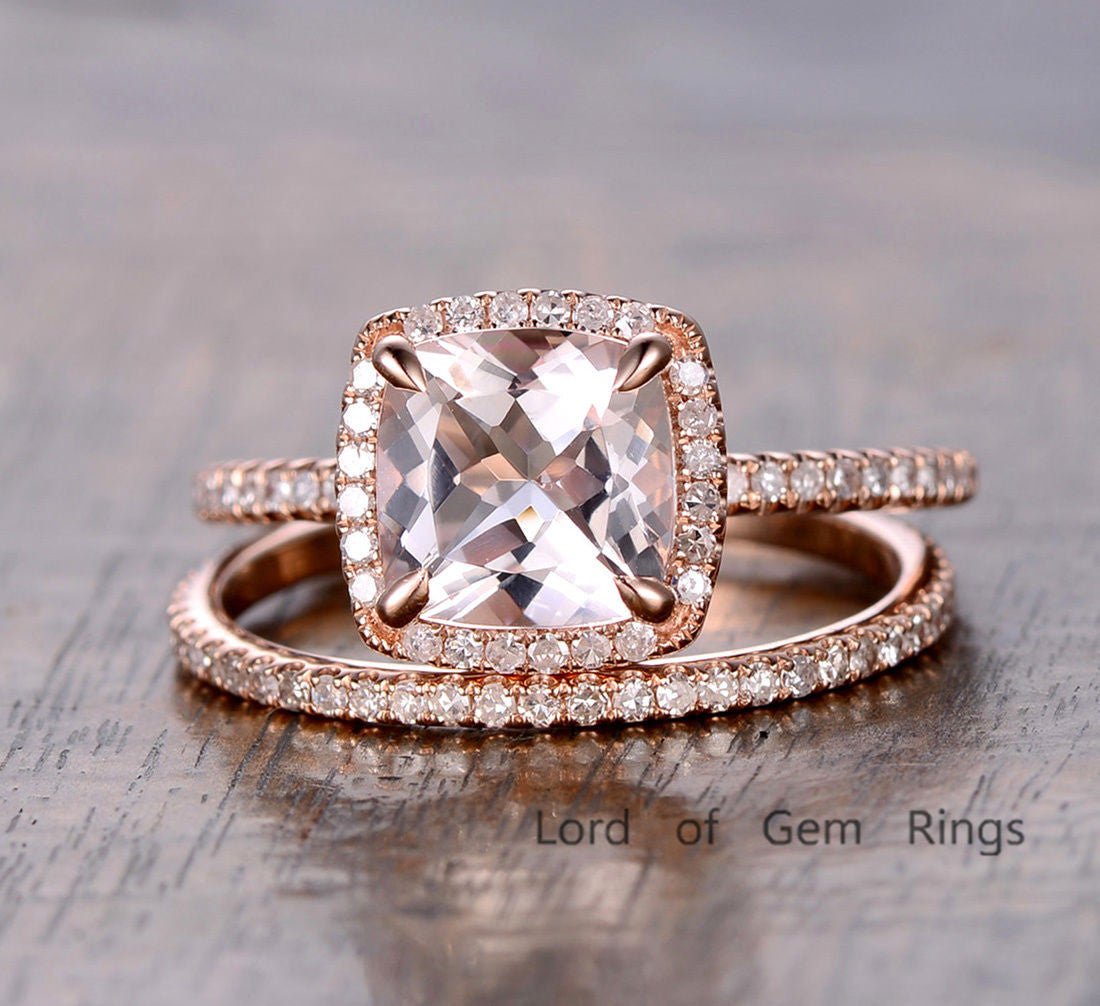 Cushion Morganite Diamond Hidden Accents Bridal Set 14K Rose Gold - Lord of Gem Rings