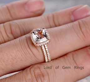 Cushion Morganite Diamond Hidden Accents Bridal Set 14K Rose Gold - Lord of Gem Rings