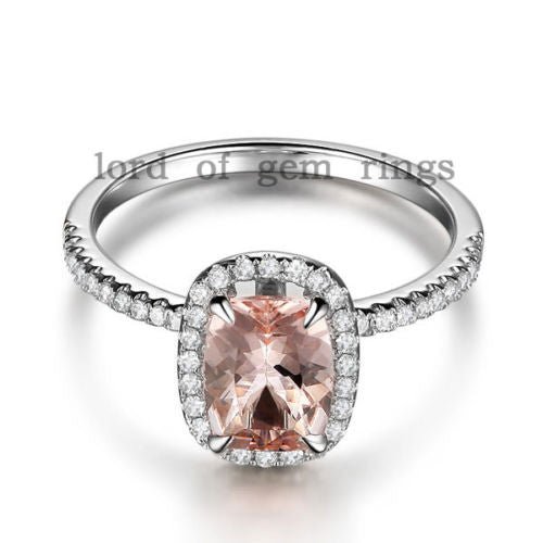Cushion Morganite Engagement Ring Diamond Accents 14K White Gold - Lord of Gem Rings