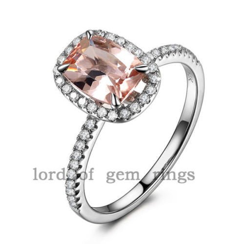 Cushion Morganite Engagement Ring Diamond Accents 14K White Gold - Lord of Gem Rings