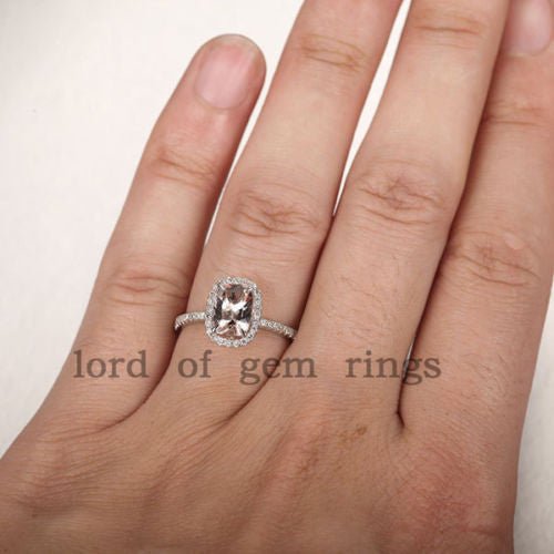 Cushion Morganite Engagement Ring Diamond Accents 14K White Gold - Lord of Gem Rings