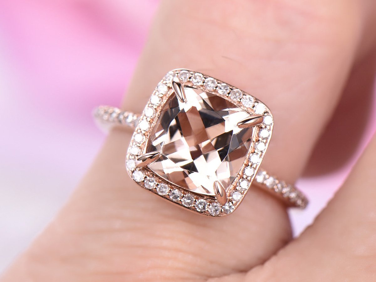 Cushion Morganite Engagement Ring Diamond Halo with Hidden Accents - Lord of Gem Rings