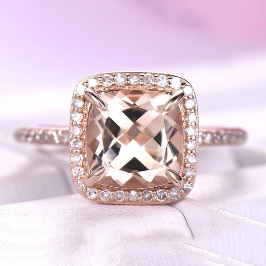1.2ct Cushion Morganite Ring Diamond Halo Hidden Accents