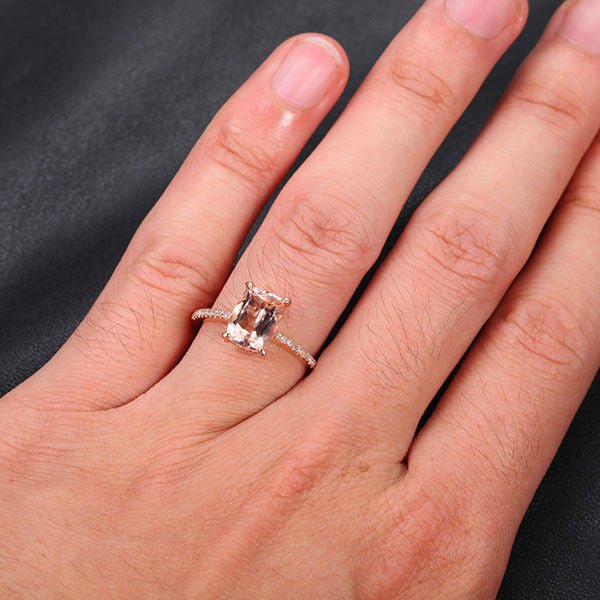 Cushion Morganite Engagement Ring Diamond Hidden Halo 14K Rose Gold - Lord of Gem Rings