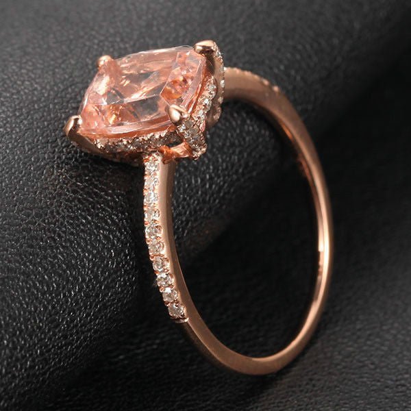 Cushion Morganite Engagement Ring Diamond Hidden Halo 14K Rose Gold - Lord of Gem Rings