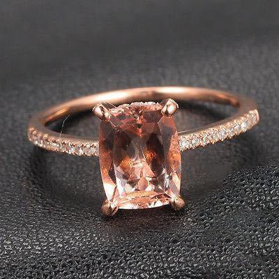 Cushion Morganite Engagement Ring Diamond Hidden Halo 14K Rose Gold - Lord of Gem Rings
