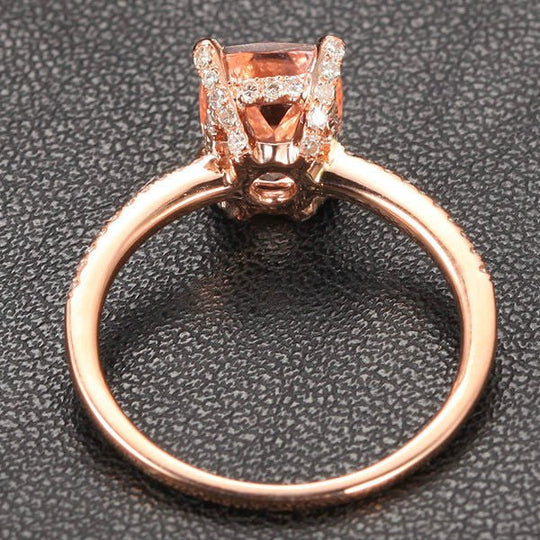 Cushion Morganite Engagement Ring Diamond Hidden Halo 14K Rose Gold