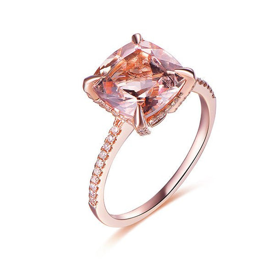 Cushion Morganite Engagement Ring Hidden Diamond Halo