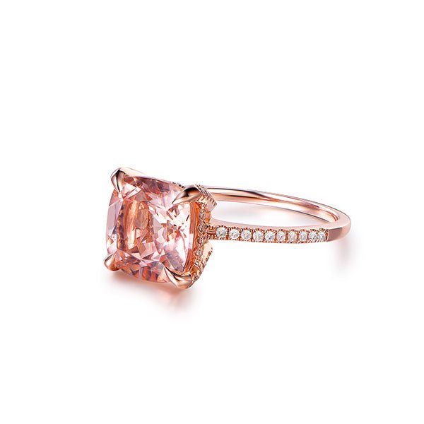 Cushion Morganite Engagement Ring Hidden Diamond Halo - Lord of Gem Rings