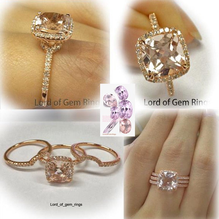 Cushion Morganite Engagement Ring Trio Sets Curved Diamond Wedding bands 14K Rose Gold 8mm - Lord of Gem Rings