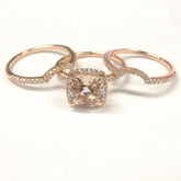 Cushion Morganite Engagement Ring Trio Sets Curved Diamond Wedding bands 14K Rose Gold 8mm - Lord of Gem Rings