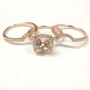 Cushion Morganite Engagement Ring Trio Sets Curved Diamond Wedding bands 14K Rose Gold 8mm - Lord of Gem Rings