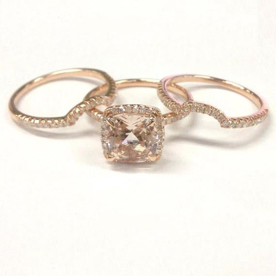 Cushion Morganite Engagement Ring Trio Sets Curved Diamond Wedding bands 14K Rose Gold 8mm - Lord of Gem Rings