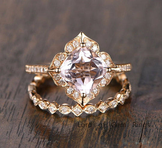 Cushion Morganite Floral Bridal Set 14K Yellow Gold