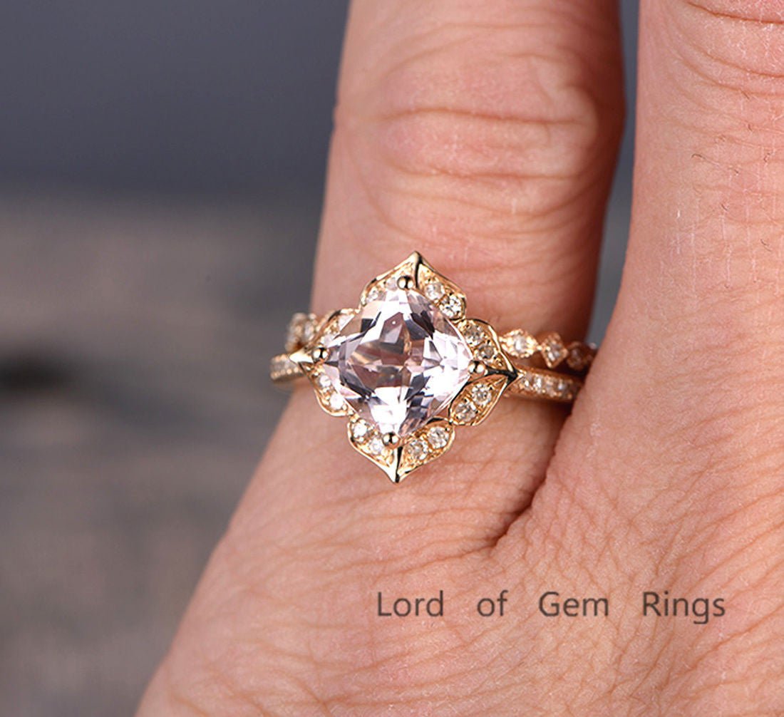 Cushion Morganite Floral Bridal Set 14K Yellow Gold - Lord of Gem Rings