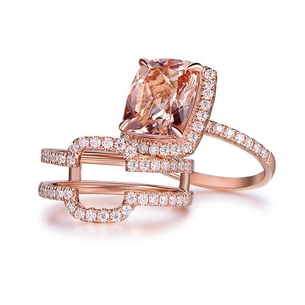 Cushion Morganite Forever-Together Bridal Set Moissanite Enhancer Ring 14K Gold - Lord of Gem Rings