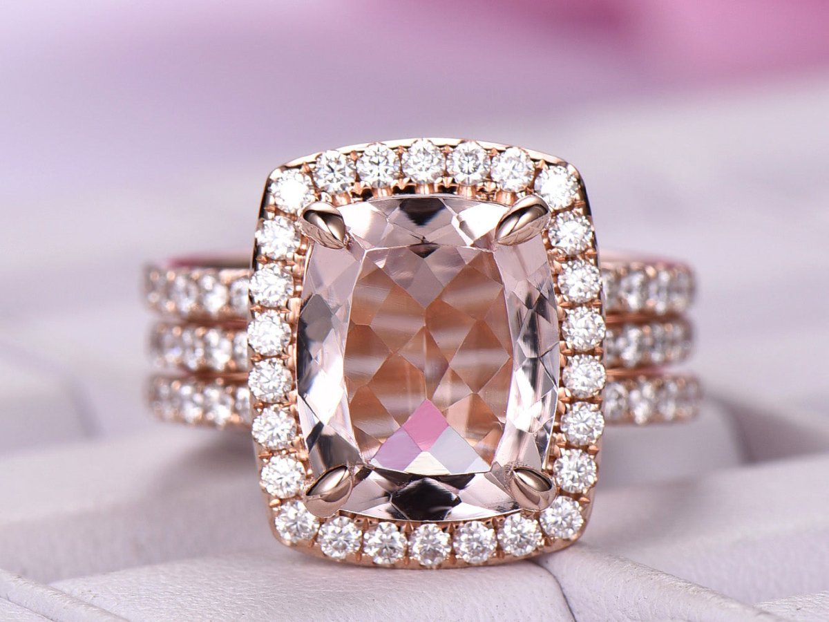 Cushion Morganite Forever-Together Bridal Set Moissanite Enhancer Ring 14K Gold - Lord of Gem Rings