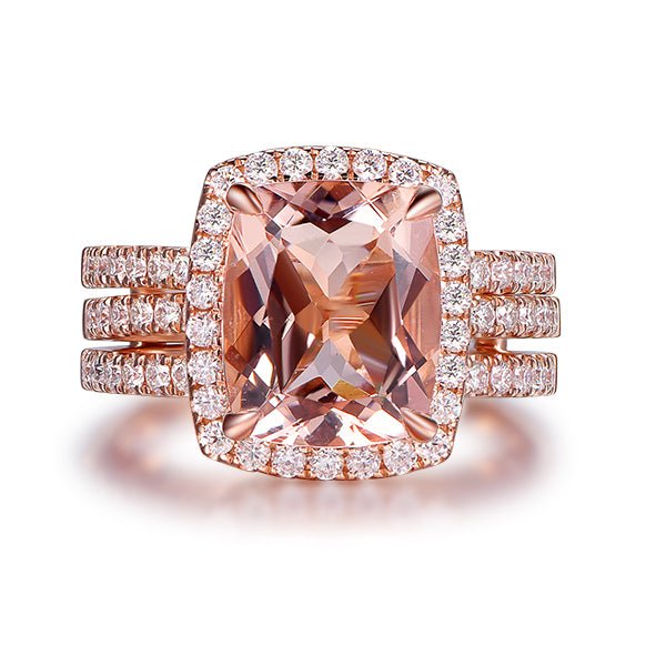 Cushion Morganite Forever-Together Bridal Set Moissanite Enhancer Ring 14K Gold - Lord of Gem Rings