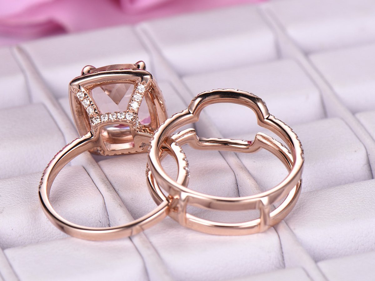 Cushion Morganite Forever-Together Bridal Set Moissanite Enhancer Ring 14K Gold - Lord of Gem Rings