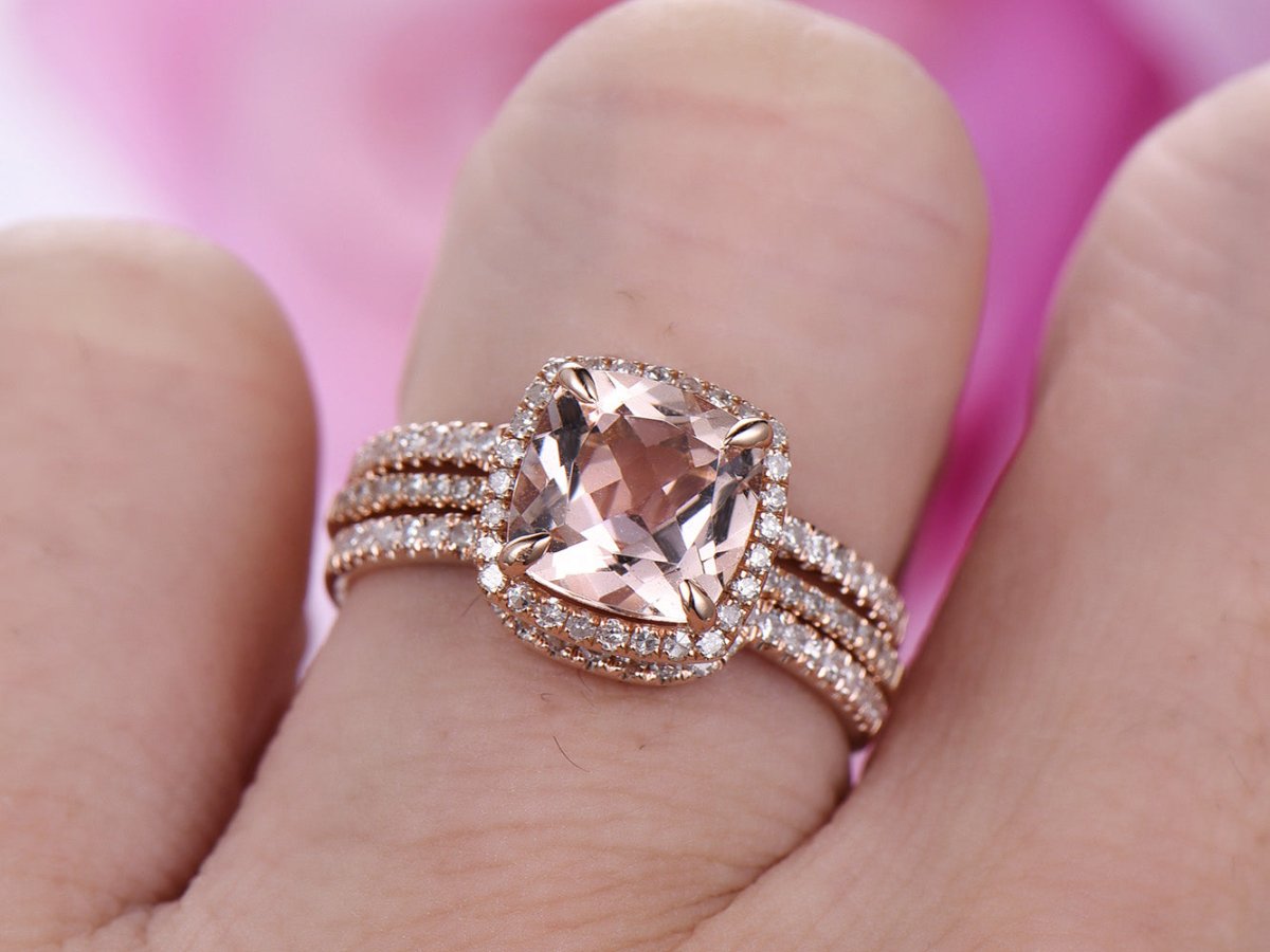 Cushion Morganite Forever Together Set Diamond Enhancer Ring - Lord of Gem Rings