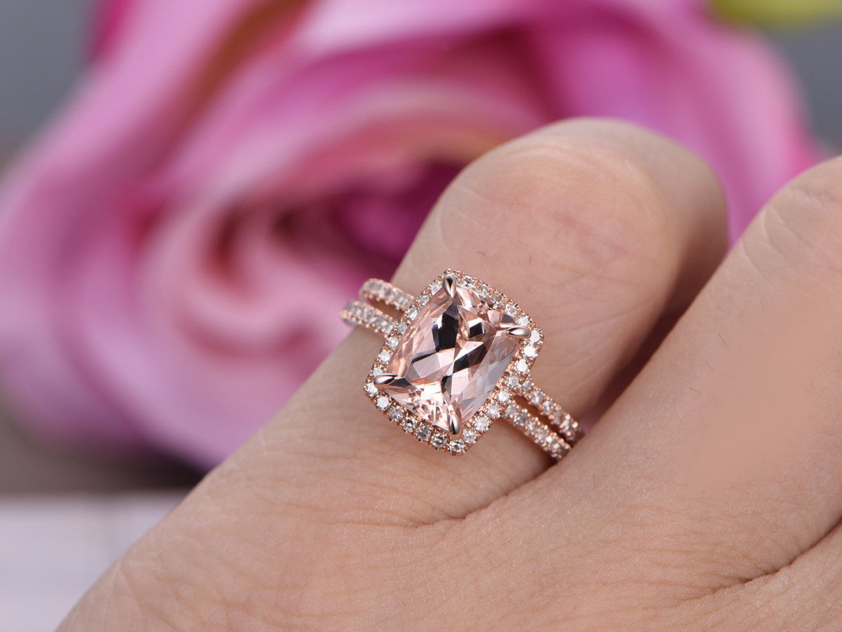 Cushion Morganite Hidden Accents Bridal Set Diamond Curved Band - Lord of Gem Rings