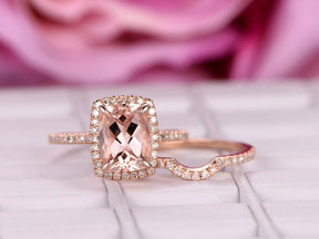 Cushion Morganite Hidden Accents Bridal Set Diamond Curved Band - Lord of Gem Rings