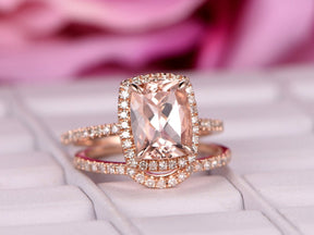 Cushion Morganite Hidden Accents Bridal Set Diamond Curved Band - Lord of Gem Rings