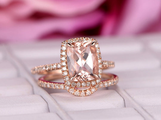 Cushion Morganite Hidden Accents Bridal Set Diamond Curved Band
