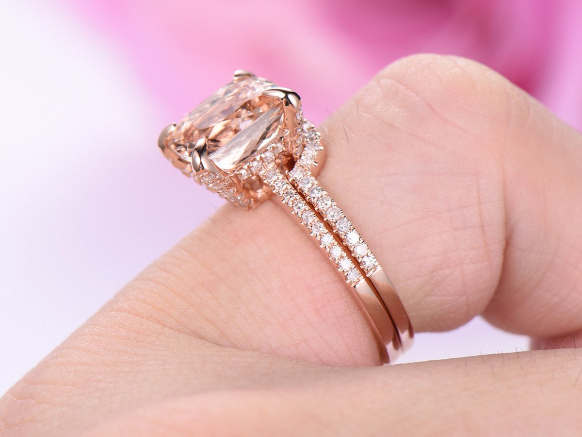 Cushion Morganite Hidden Halo Bridal Set Contoured Diamond Band - Lord of Gem Rings