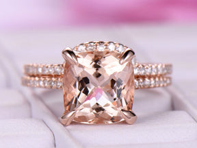 Cushion Morganite Hidden Halo Bridal Set Contoured Diamond Band - Lord of Gem Rings