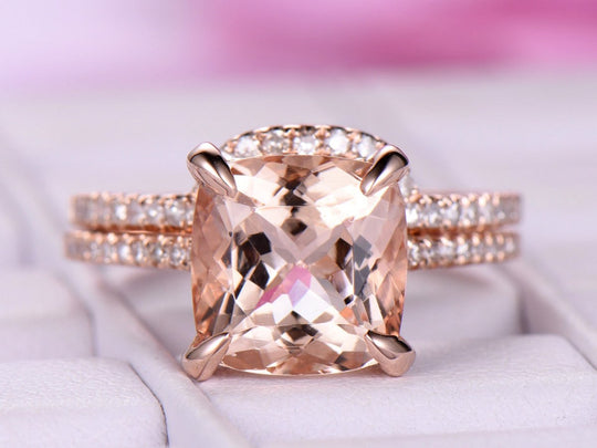 2.8ct Cushion Morganite Hidden Halo Contoured Bridal Set 14K Gold