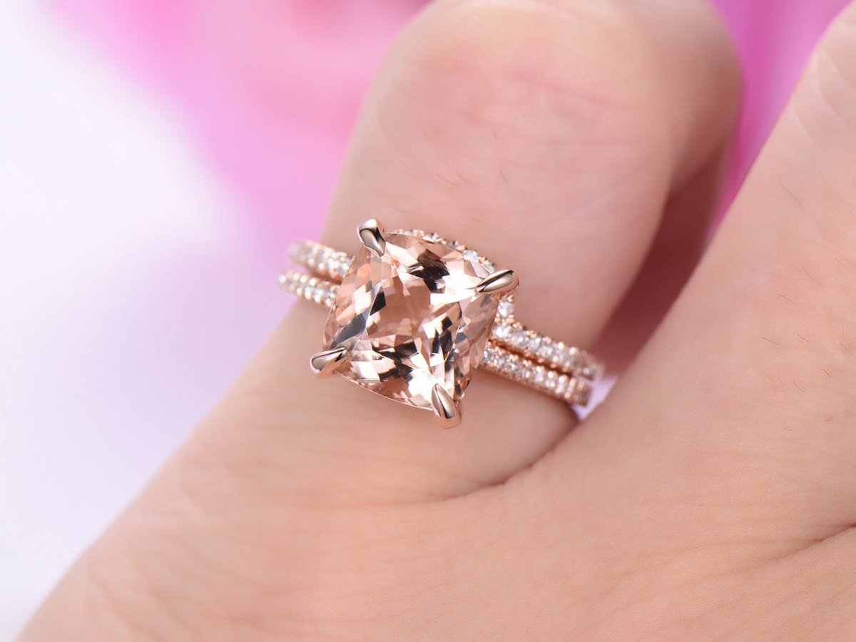 Cushion Morganite Hidden Halo Bridal Set Contoured Diamond Band - Lord of Gem Rings