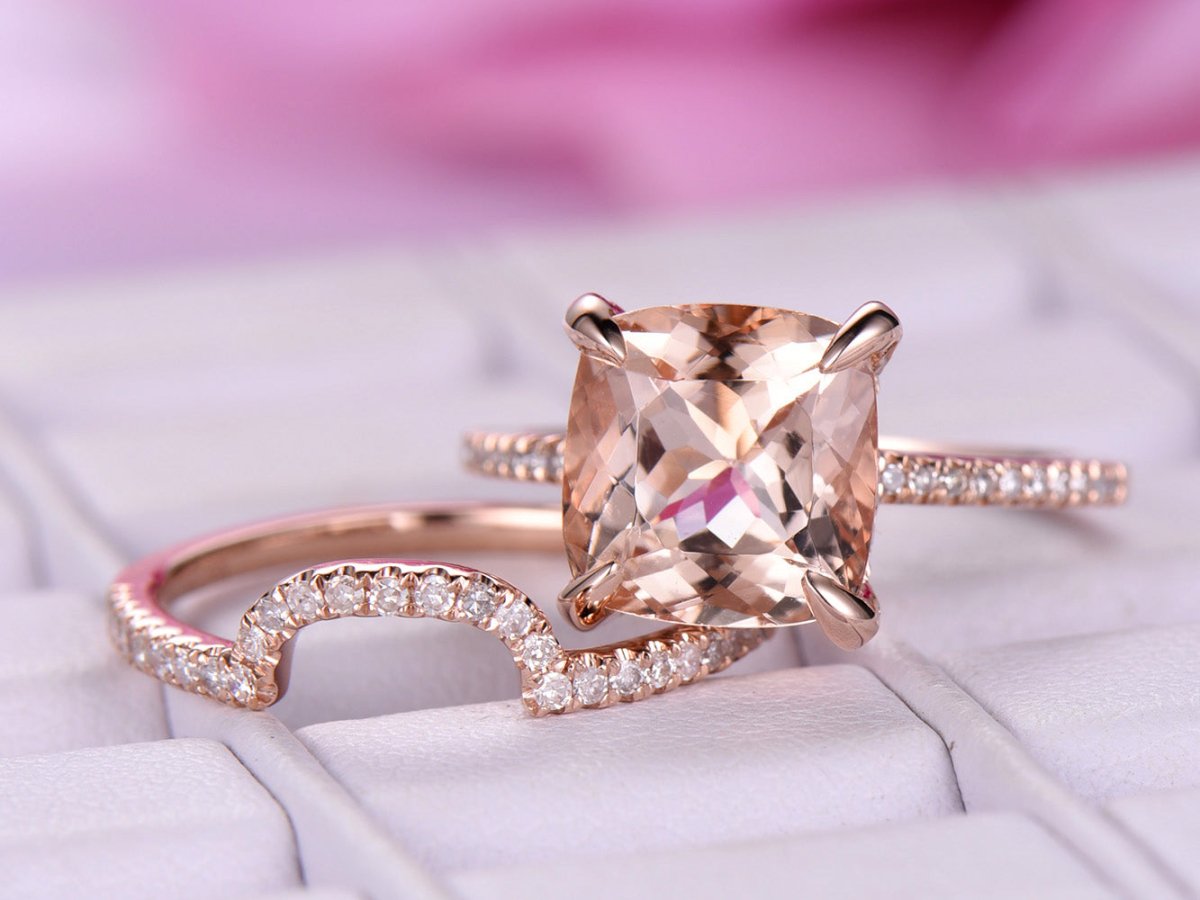 Cushion Morganite Hidden Halo Bridal Set Contoured Diamond Band - Lord of Gem Rings