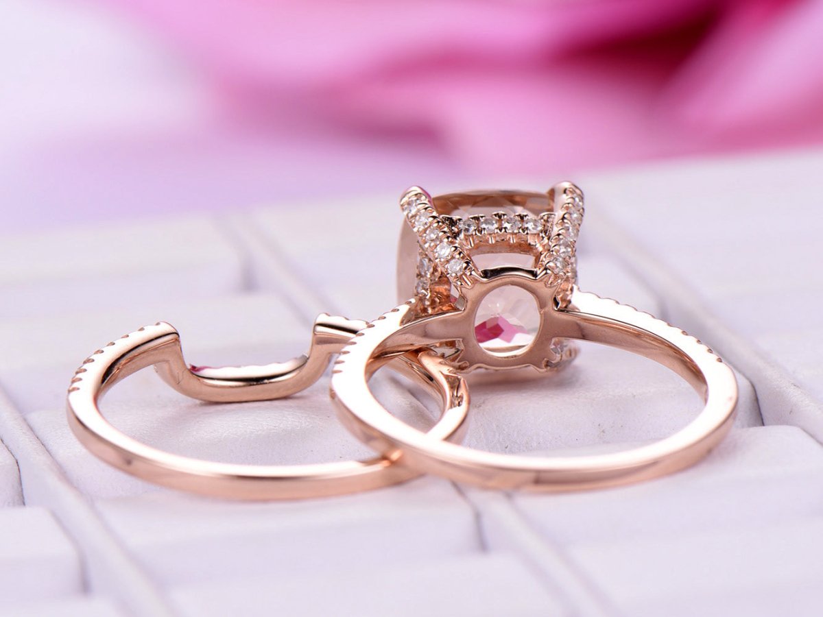 Cushion Morganite Hidden Halo Bridal Set Contoured Diamond Band - Lord of Gem Rings