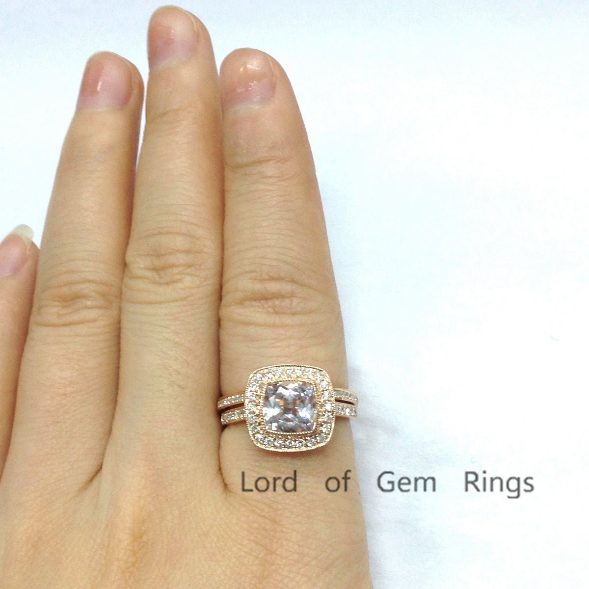 Cushion Morganite Milgrain Diamond Halo Bridal Set 14K Rose Gold - Lord of Gem Rings