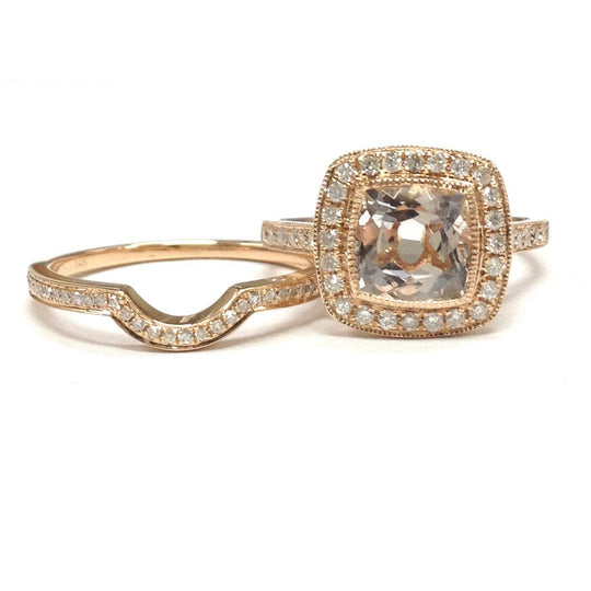 Cushion Morganite Milgrain Diamond Halo Bridal Set 14K Rose Gold