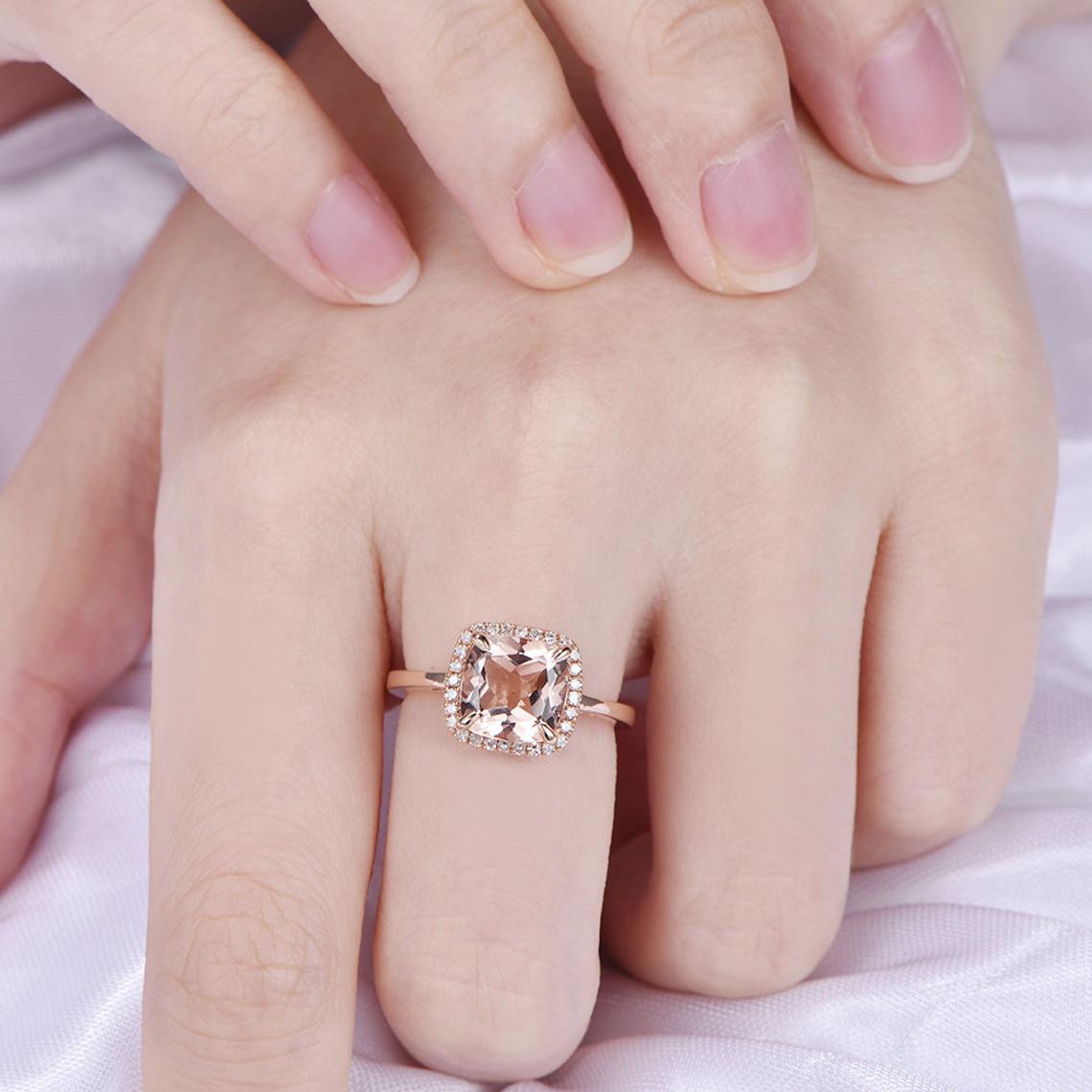 Cushion Morganite Ring Diamond Halo 14k Rose Gold - Lord of Gem Rings
