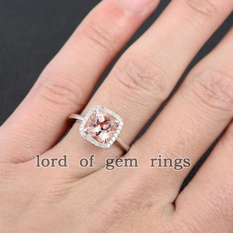 Cushion Morganite Ring Diamond Halo 14k Rose Gold - Lord of Gem Rings